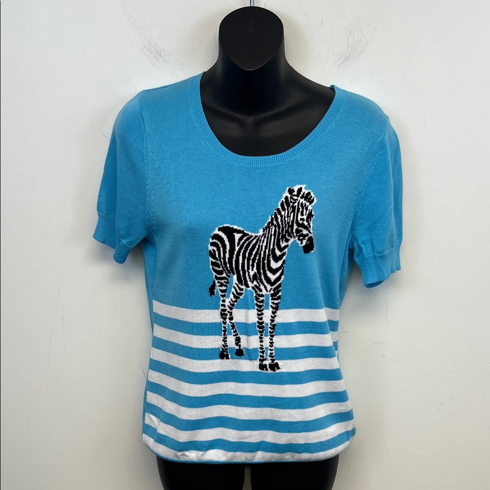 Talbots Blue White Zebra Short Sleeve Scoop Neck Summer sweater Size Small